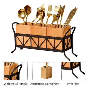 Acacia Wood Utensil Holder with Handles, 3-Compartment Wooden Silverware Caddy for Kitchen Countertop, Waterproof Flatware Organizer for Parties, BBQ & Hosting, Natural Home Decor