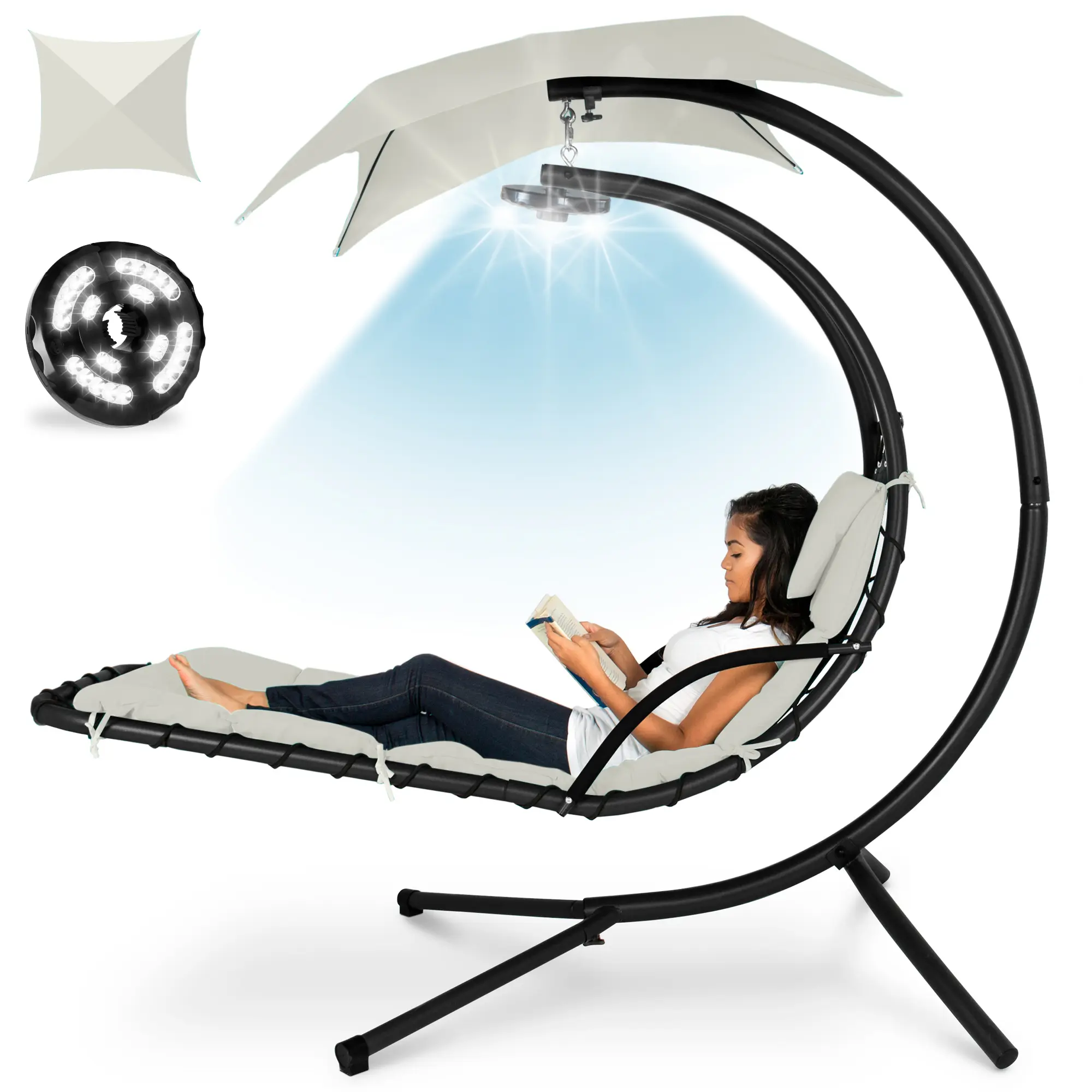 Best Choice Products Hanging LED-Lit Curved Chaise Lounge Chair for Backyard, Patio w/ Pillow, Canopy, Stand Best Choice Products Hanging LED-Lit Curved Chaise Lounge Chair for Backyard, Patio w/ Pillow, Canopy, Stand