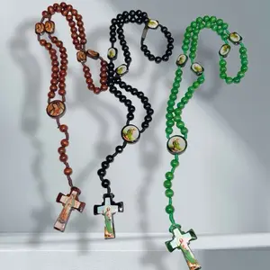 Light Wood Rosary Our Lady of Guadalupe & Saint Jude Rosario Madera Virgen de Guadalupe y San Judas tadeo with Multi-Color Beads and Cross