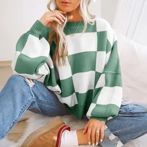 Green Checkered Bishop Sleeve Sweater-Casual Checkered Long Sleeve Sweater for Cool Weather - Trendy Casual Knit Top