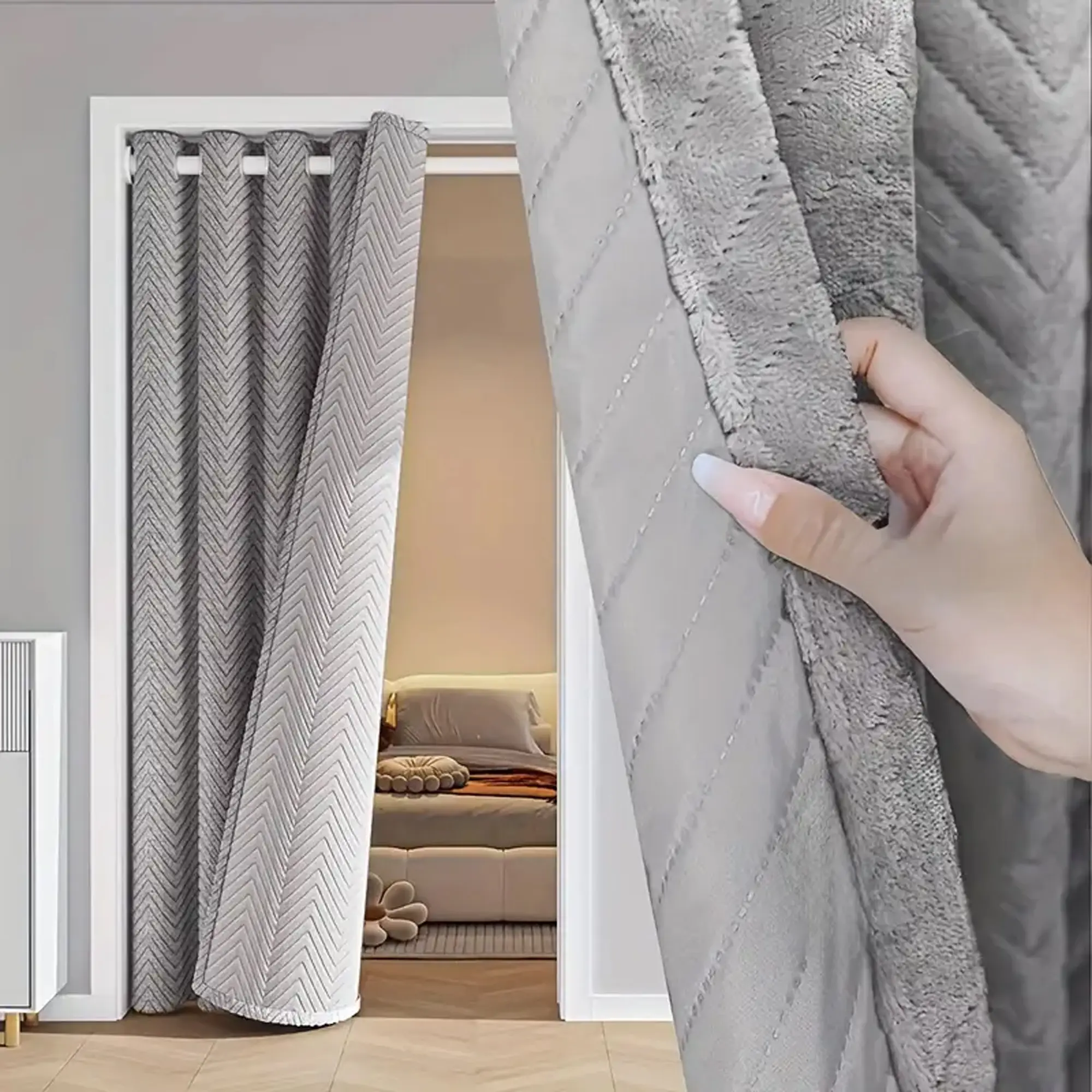 Winter Heavyweight Windproof Insulated Quilted Fleece Window Curtain, Full Light Blocking, Hole Top, Suitable for Living Room and Bedroom, Thermal Insulated Curtain