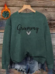 Grammy Print Faux Fur Round Neck Top, Womenswear, Embroidered Heart Decoration, Soft and Skin-Friendly, Casual Loose Fit Pullover Sweatshirts for Fall & Winter