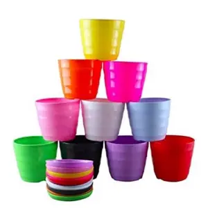 10 Multi Colored Indoor/Outdoor Planters and Saucers - Pack of 10 - 5.2, 6.2, 7.5in - Reusable Plastic for Indoor & Outdoor Gardening