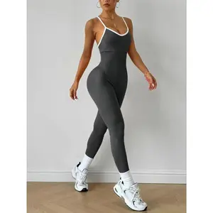 Women's Seamless Knit Yoga Bodysuit, Cross Back Design, Sleeveless & Thin Straps, Perfect for Outdoor Activities & Gym Wear, Workout Jumpsuit