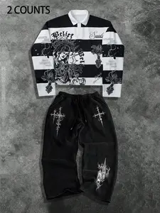 Streetwear Casual Outfit Set, Polo Long Sleeve Sweatshirt & Printed Pants Two-Piece Set, Colorblock Match, Must-Have for Trendsetters