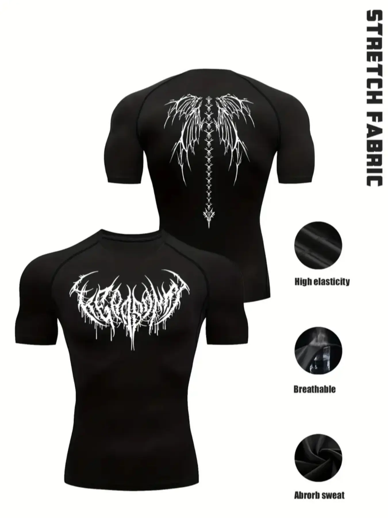 Gothic Style Men's Black Gym Shirt, Metallic Letter & Spine Wing Design, High-Stretch Slim Fit Workout Top, Ideal for Gym, Training & Casual Wear, Muscle-Enhancing, Sportswear, Activewear Clothing, Fitness Tee