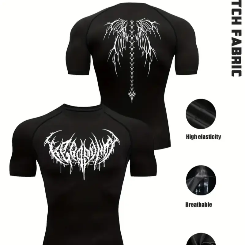 Gothic Style Men's Black Gym Shirt, Metallic Letter & Spine Wing Design, High-Stretch Slim Fit Workout Top, Ideal for Gym, Training & Casual Wear, Muscle-Enhancing, Sportswear, Fitness Fashion, Fitness Tee