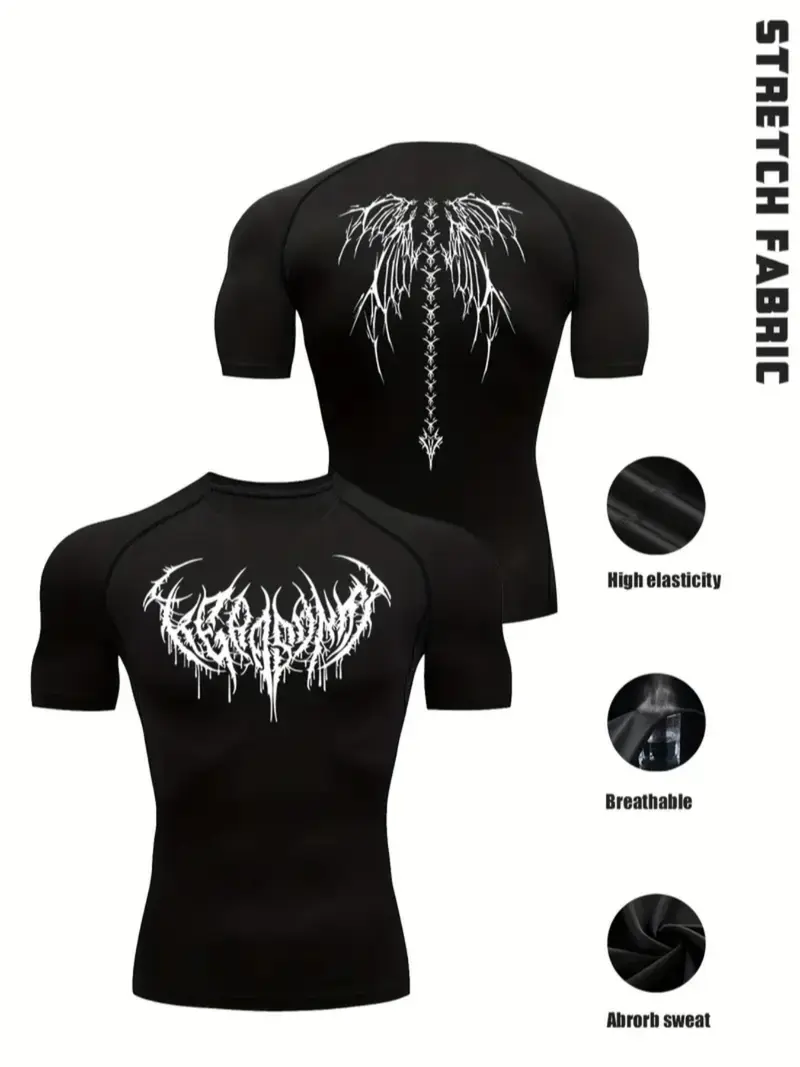Gothic Style Men's Black Gym Shirt – Metallic Letter & Spine Wing Design, High-Stretch Slim Fit Workout Top, Ideal for Gym, Training & Casual Wear, Muscle-Enhancing Sportswear, Gothic Aesthetic Fitness Tee, Bodybuilding Fitness Tee