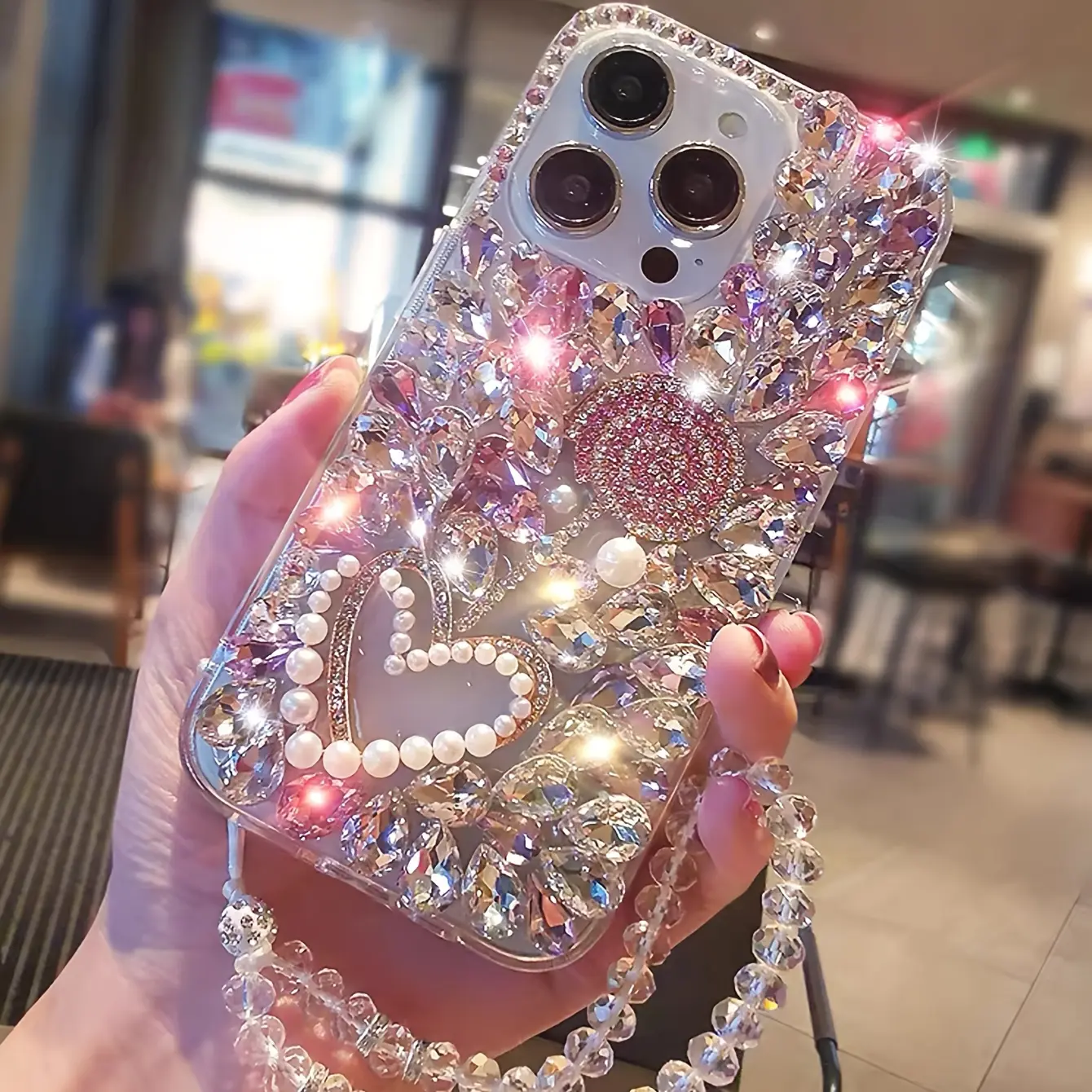 Luxury and Fashionable Crystal Pink Hardware Wave Board Sugar Pearl Love Anti-fall Mobile Phone Case Suitable for iPhone16/15/14/13/12/11/10/9/8/7 Mobile Phone Shell screen protector