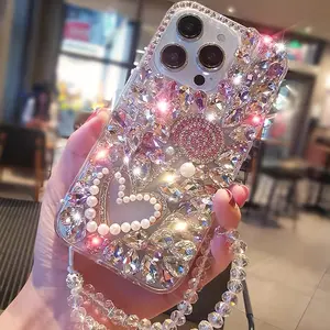 Luxury and Fashionable Crystal Pink Hardware Wave Board Sugar Pearl Love Anti-fall Mobile Phone Case Suitable for iPhone16/15/14/13/12/11/10/9/8/7 Mobile Phone Shell screen protector