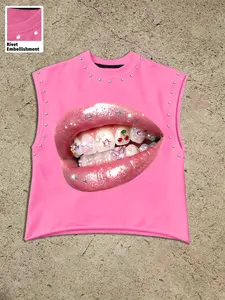 Summer Unisex Loose Fit Knit Glitter Lip Geometric Pattern Tank Top, Rivet Decoration, Y2K Toothpick Cherry Accent, Sleeveless Short Tee, Casual Street Style