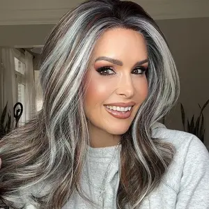 IMstyle Veyla Calico Smoky Ashy Blue Brown & Copper Platinum Blonde Highlight with Rooting Ombre Color 13*4 Glueless Lace Front Wig Free Parting Natural Wavy Syntehtic Wig