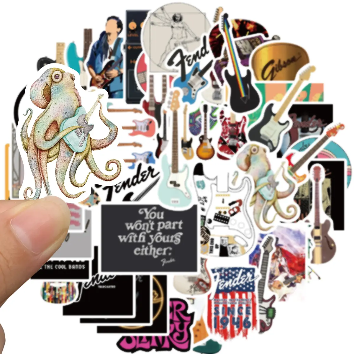 Love Guitar Stickers, 50 Pcs Waterproof Vinyl Adhesive Decals for Fender Electric Guitars, Laptop, Luggage, Skateboard, Cool Aesthetic Design, Guitar Sticker Set