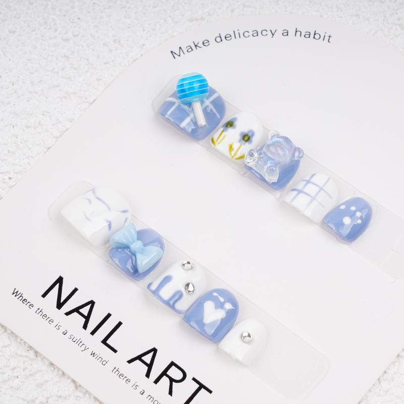 Cute Blue 3D Candy and Bear Design Kids Press On Nails,Flower Printing,Handmade Bowknot Glitter Diamond Manicure,Birthday Gifts