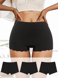 Women's 3pcs Solid Scallop Trim Boyshorts, Valentine's Gift Ideas, Soft Comfy Breathable Seamless Panty for Daily Wear, Ladies Underwear Bottoms for All Seasons, Seamless Undergarment, Seamless Undies