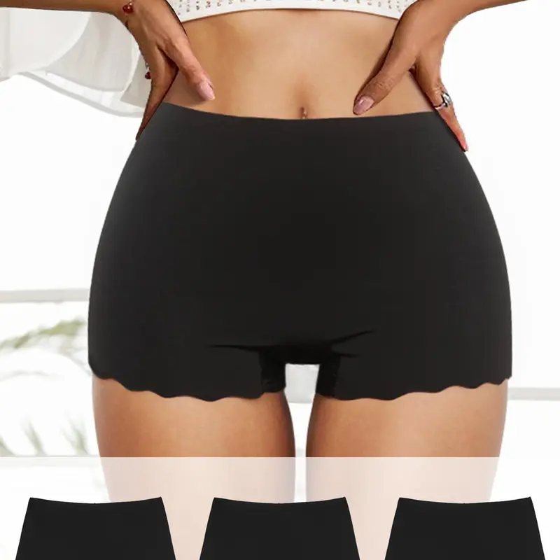 Women's 3pcs Solid Scallop Trim Boyshorts, Valentine's Gift Ideas, Soft Comfy Breathable Seamless Panty for Daily Wear, Ladies Underwear Bottoms for All Seasons, Seamless Undergarment, Seamless Undies, Soft Comfy Panties