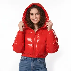High Level Lady's Hooded Cropped Puffer Coat - Women's Longsleeves Basic Everyday Top, Winter Shiny Polyester Fitted Quilted Lightweight Jacket (Red, Pink, Neon Green)
