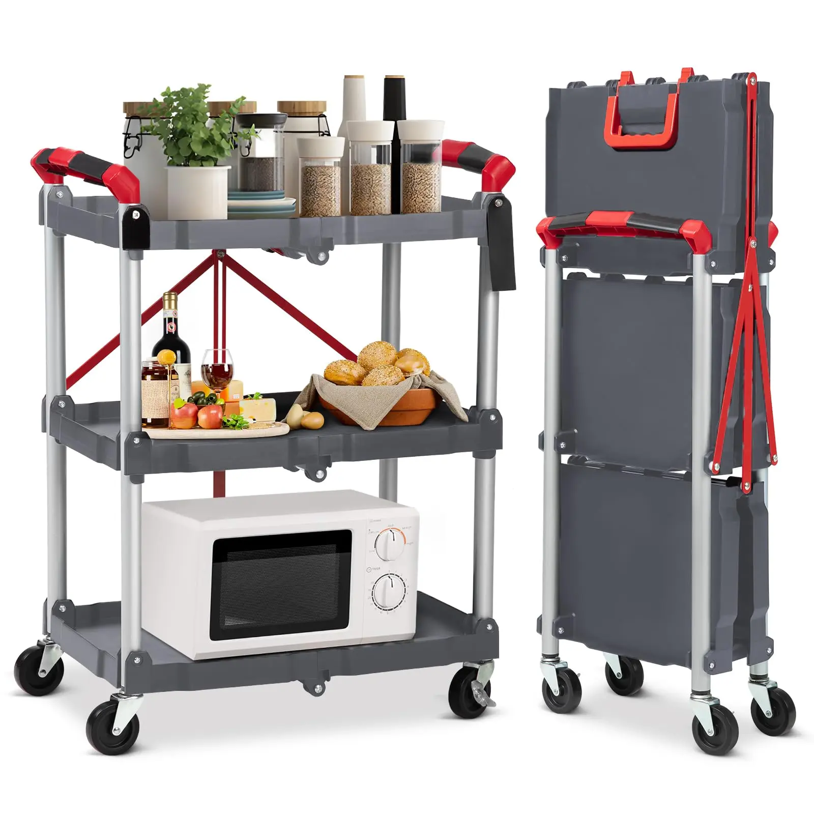 【GARVEE】3 Tier Folding Utility Service Cart with 56lb Load Capacity per Tier, 360° Swivel Collapsible Cart on Wheels, Ideal for Tools, Cleaning, Bar, Garage, Kitchen, and Office Use in Grey
