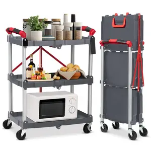 【GARVEE】3 Tier Folding Utility Service Cart with 56lb Load Capacity per Tier, 360° Swivel Collapsible Cart on Wheels, Ideal for Tools, Cleaning, Bar, Garage, Kitchen, and Office Use in Grey