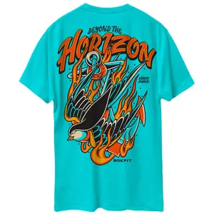 RokFit 'Beyond The Horizon' Tahiti Blue Printed T-Shirt - Short Sleeve Crew Neck Graphic Tee in Soft Breathable Material Blend