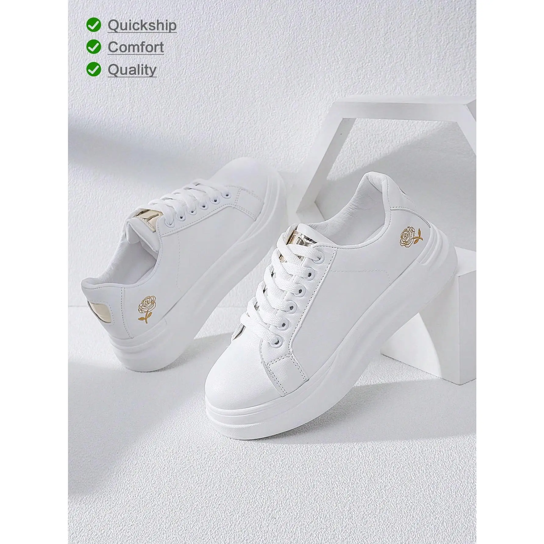 [Quick Delivery] 2024 New Women's Classy Aesthetic White Flat Sneakers - Rose Embroidery, Round Toe, Low Top, No Heel, Casual Wear, Comfortable Sports & Outdoor Casual Shoes