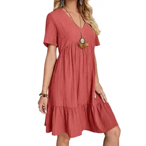 Summer Dress for Women Short Sleeve Pleated V Neck Tiered Swing A Line Casual Flowy Beach Sundress Basic Womenswear Minimalist Bohemian Charm - Shortsleeve