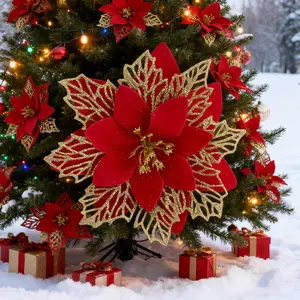 20pcs Christmas Decorations Large Cherry Blossom Set, Poinsettia Christmas Flowers, Tree Hanging Ornaments, Realistic Fake Christmas Flowers, Decorative Ornament