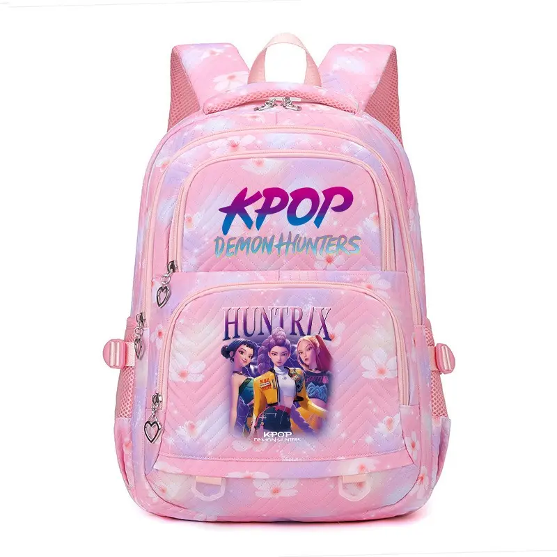 Kpop AnimeHunters 17 Inch Girls Backpack, Pink Cherry Blossom Floral Print Multi‑Pocket Zipper School Backpack, Casual Laptop Daypack for Teens Women