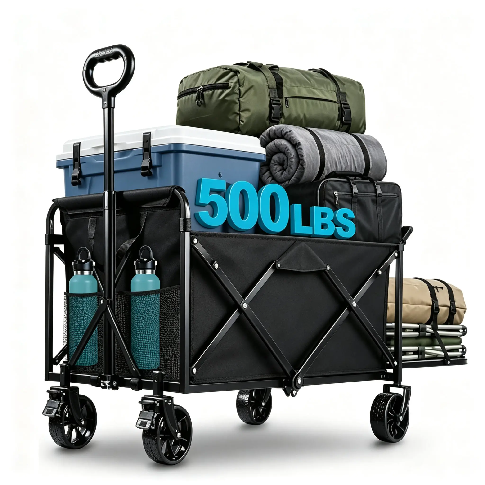 Collapsible Wagon Cart, 300L Folding Wagon with Tailgate & Brakes | extra large wagon cart with rear tailgate, brakes, large all-terrain wheels for camping, groceries, beach, outdoor hauling 