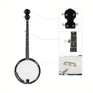 Professional 5-String Banjo - Solid Metal & Wood Construction, Adjustable Neck, Standard Fret Markings - Ideal Gift for Banjo Enthusiasts, White & Wood Finish