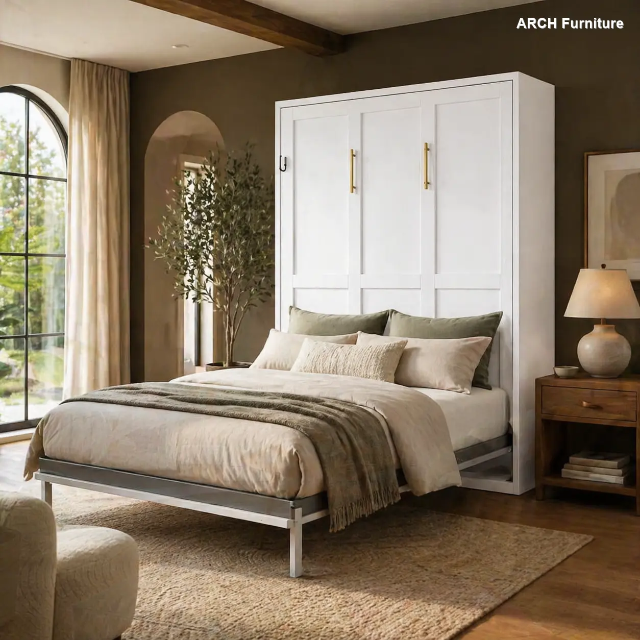 ARCH Multifunctional Vertical Standard Murphy Wall Bed With Queen Size Grey Bed Frame Space-Saving Folding Wall Bed for Living Room