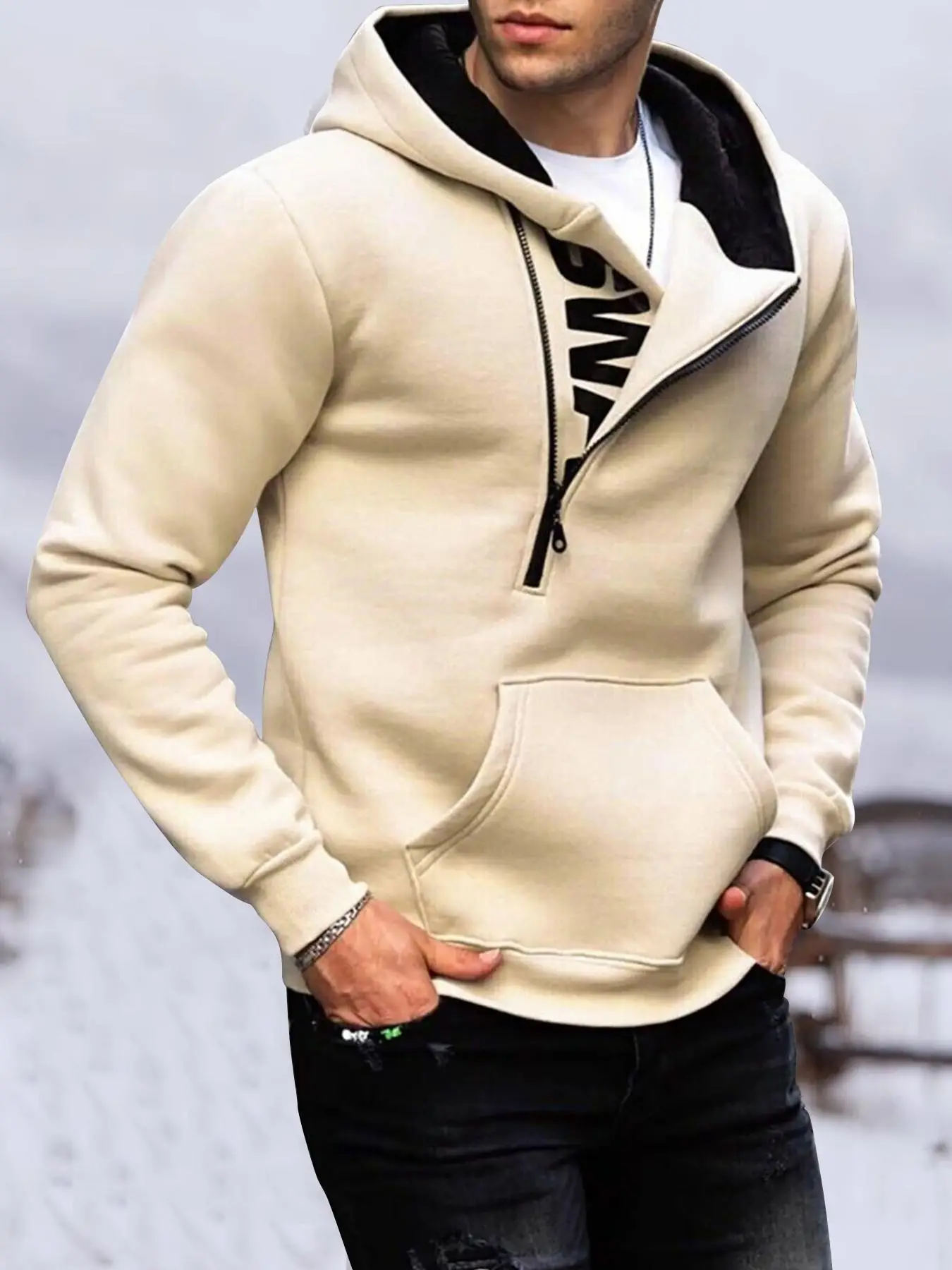 Unisex Men's Letter Print Zipper Hoodie, 2000s Clothes, Regular Fit Casual Pocket Long Sleeve Hooded Sweatshirt Pullover Top, Essentials Hoodie, Vinta