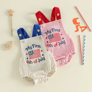 Infant Baby 4th of July Romper Letter Flag Embroidery Bubble Jumpsuit Sleeveless Overalls Independence Day Patriotic Outfit