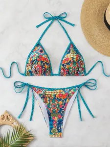 【Plus Size】 Two-Piece Set Ethnic Pattern Bikini Set, Boho Style Swim Top & Swim Bottom, Women's Swimwear for Beach Holiday Vacation