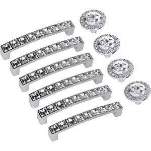 Drawer Handles Pulls and Knobs Set, Decorated Clear Crystal Cabinet Handle Pull 3.8"(96mm) Hole Centers 6-Pack and Crystal Glass Diamond Knobs 1.2"(30mm) Diameter 4-Pack