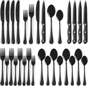 24-Piece Black Silverware Set with Steak Knives Flatware Set for 4 Food-Grade Stainless Steel Cutlery Set Mirror Polished Utensils Set Include Spoons and Forks for Home Kitchen Restaurant