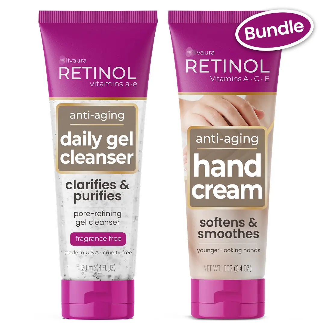 Retinol Anti-Aging Starter Pack - Gel Cleanser + Hand Cream Duo: Vitamin A Retinol + Vitamins C & E + Green Tea Extract - Face, Hands, Nails & Cuticles Skincare Set