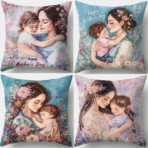 Mother's Day Themed Cushion Cover, 4 Counts/set Flower Pattern Square Pillow Cover, Household Decoration Supplies Mothers Day Decor for Home Sofa Bed