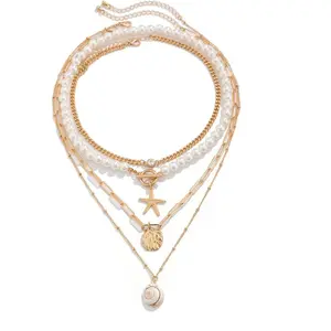 Bohemian Beach Charm Necklace for Women Imitation   Plated Layered Sequins Conch Starfish Shell Choker Stacked Beach  Holiday Summer Beaded Necklace Set Gifts
