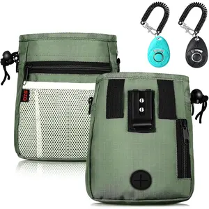 Dark Green Dog Training Treat Pouch Bag - 3 Ways to Wear, Comes with 2 Dog Training Clickers, Waist Belt and Shoulder Strap for Pet Training