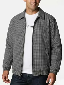 Mens Micro Check Gingham Plaid Zip Up Collar Bomber Jackets, Fashion Lightweight Windproof Rib Cuff Hem Textured Outerwear for Men, Comfy Loose Fit Vintage Spring Autumn Business Casual Transition Coats, Daily Retro Collared Zip Outerwear Bulk