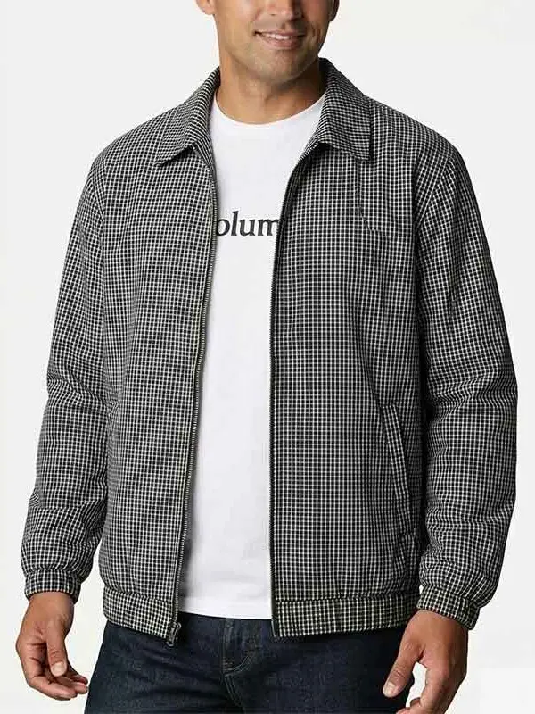 Mens Micro Check Gingham Plaid Zip Up Collar Bomber Jackets, Fashion Lightweight Windproof Rib Cuff Hem Textured Outerwear for Men, Comfy Loose Fit Vintage Spring Autumn Business Casual Transition Coats, Daily Retro Collared Zip Outerwear Bulk