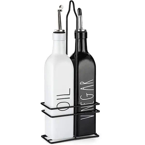 Oil and Vinegar Dispenser Set (2x500ml) Black & White Bottle stainless steel spouts & top. Our oil dispenser set is modern design fits every kitchen C