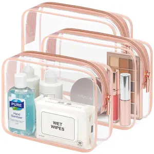 TSA Approved Toiletry Bag - Clear Makeup Bag 3 Pack Medium, Metal Smooth Zipper Quart Size Bag for 3-1-1 Liquids, Travel Makeup Bag for Women Men, Airport Airline Compliant Bag, Rose Pink