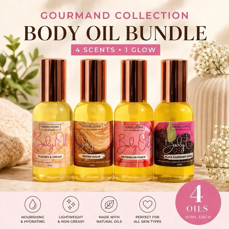 Gourmand Collection Body Oil Bundle 4 Pack Hydrating Glow Oils Peaches Cream Brown Sugar Watermelon Punch Blackberry Vanilla 60ml Each