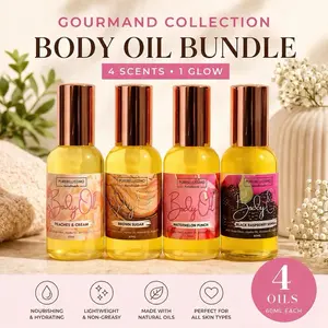 Gourmand Collection Body Oil Bundle 4 Pack Hydrating Glow Oils Peaches Cream Brown Sugar Watermelon Punch Blackberry Vanilla 60ml Each