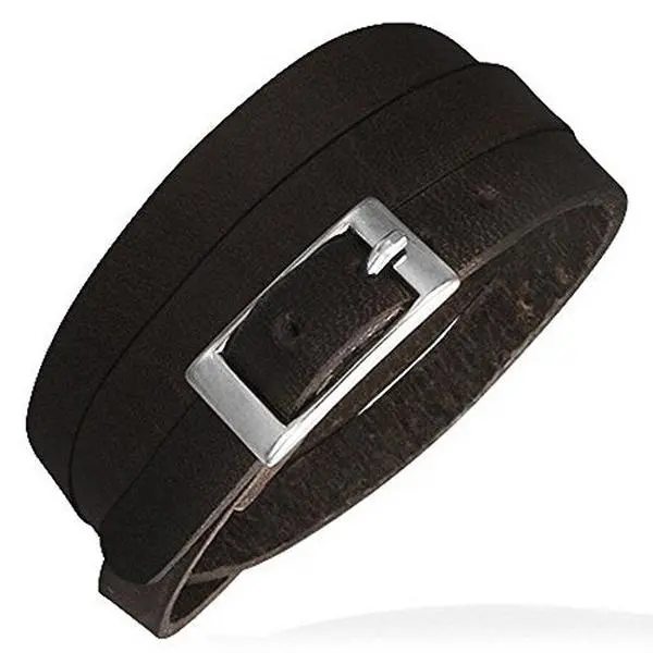 Unisex Multi-Layer Wrap Bangle - Black Leather Wrap Bracelet with Adjustable Silver-Tone Alloy Belt Buckle Lock, 24.00in Stainless Steel, 0.35in Width, Trendy Casual Fashion Accessory, Gift Idea