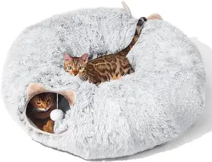 Cat Tunnel with Cat Bed for Indoor Cats, Under Christmas Tree Soft Plush Peekaboo Cat Cave Donut Tunnel, Multifunctional Cat Playground Toys Hideplace for Cats, Kittens, Rabbit, Ferret (Grey) cat tunnel
