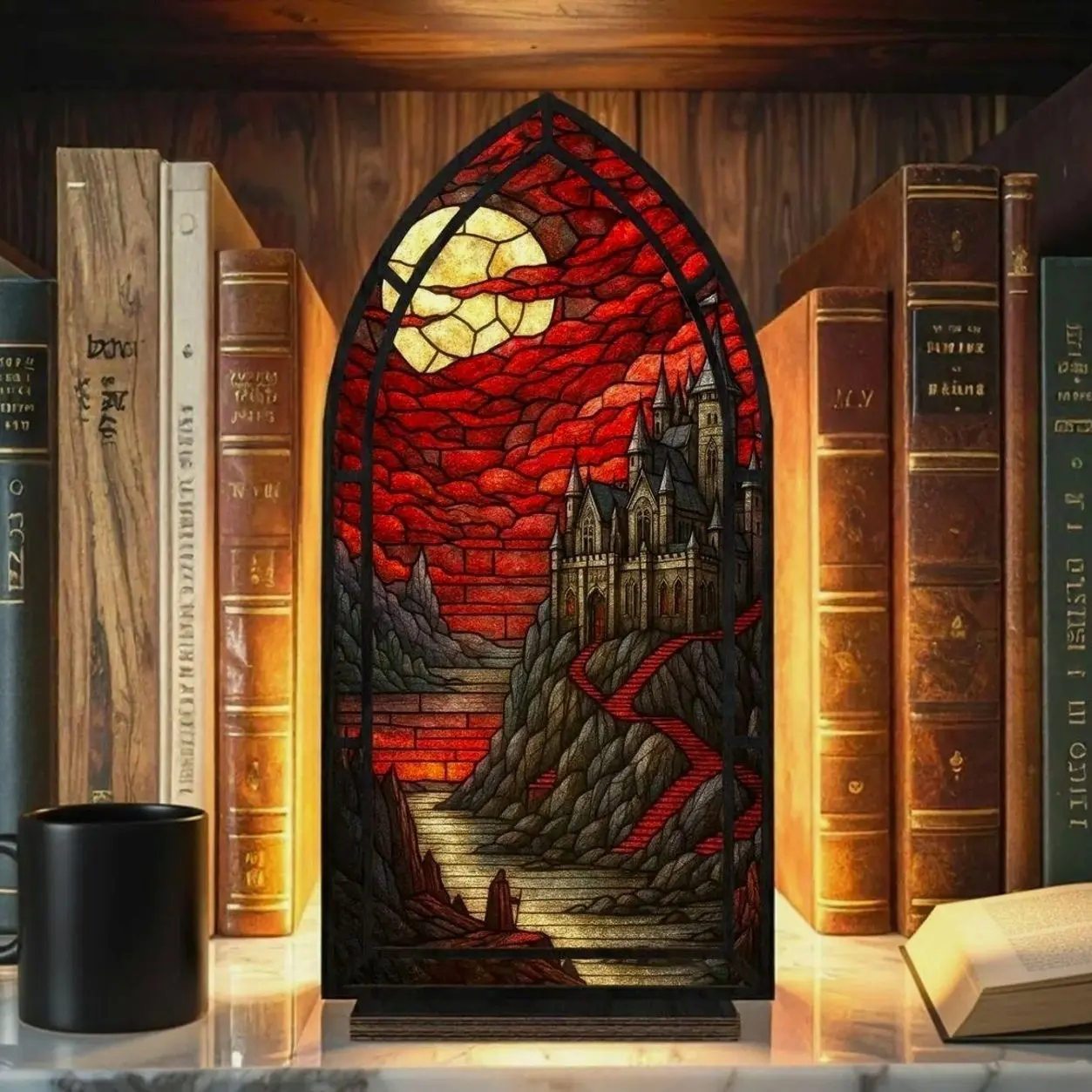 Gothic Wood and Glass Vampire Castle Book Nook - Tea Light Candle Holder, Suncatcher, Bookshelf Home Decor for Fantasy Book Lovers