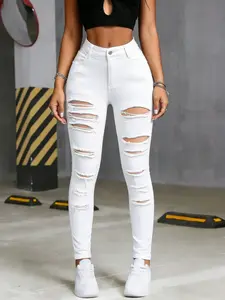 European Style White Ripped High Waist Jeans for Women, Slim Fit Butt Lifting Skinny Pants, Y2K Streetwear Distressed Denim Trousers, All-Season Opaque White High Waist Jeans, High Waisted Skinny